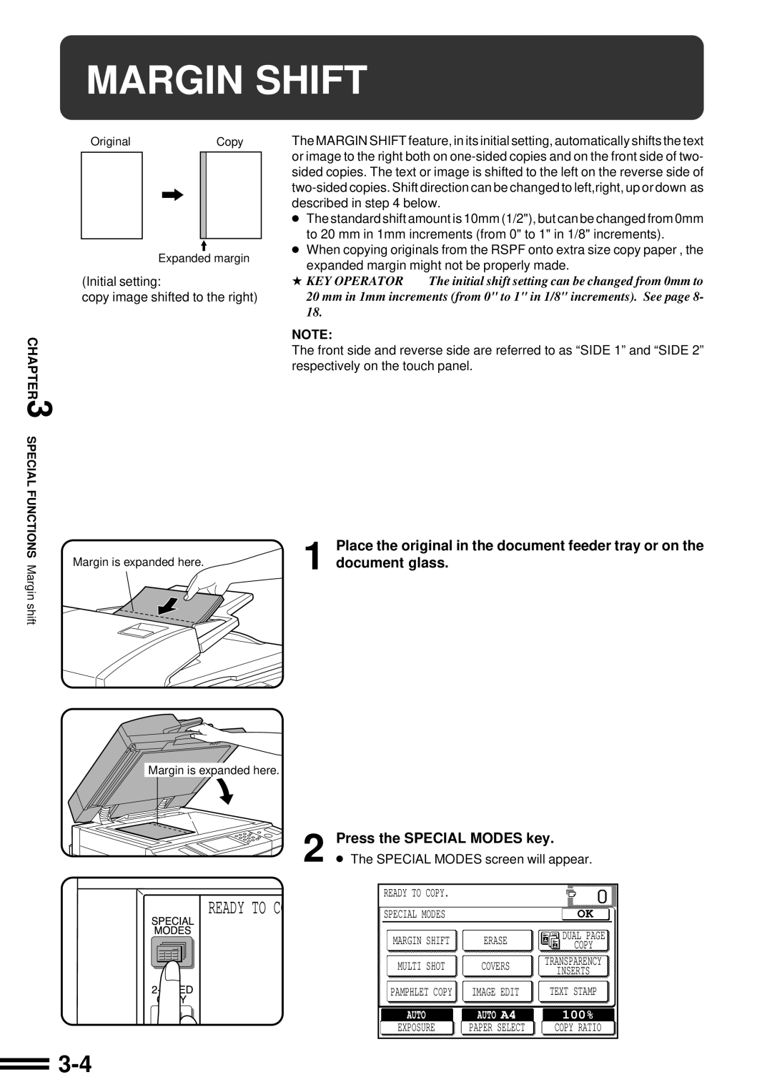 Sharp AR-507 operation manual Margin Shift, Special Modes screen will appear 