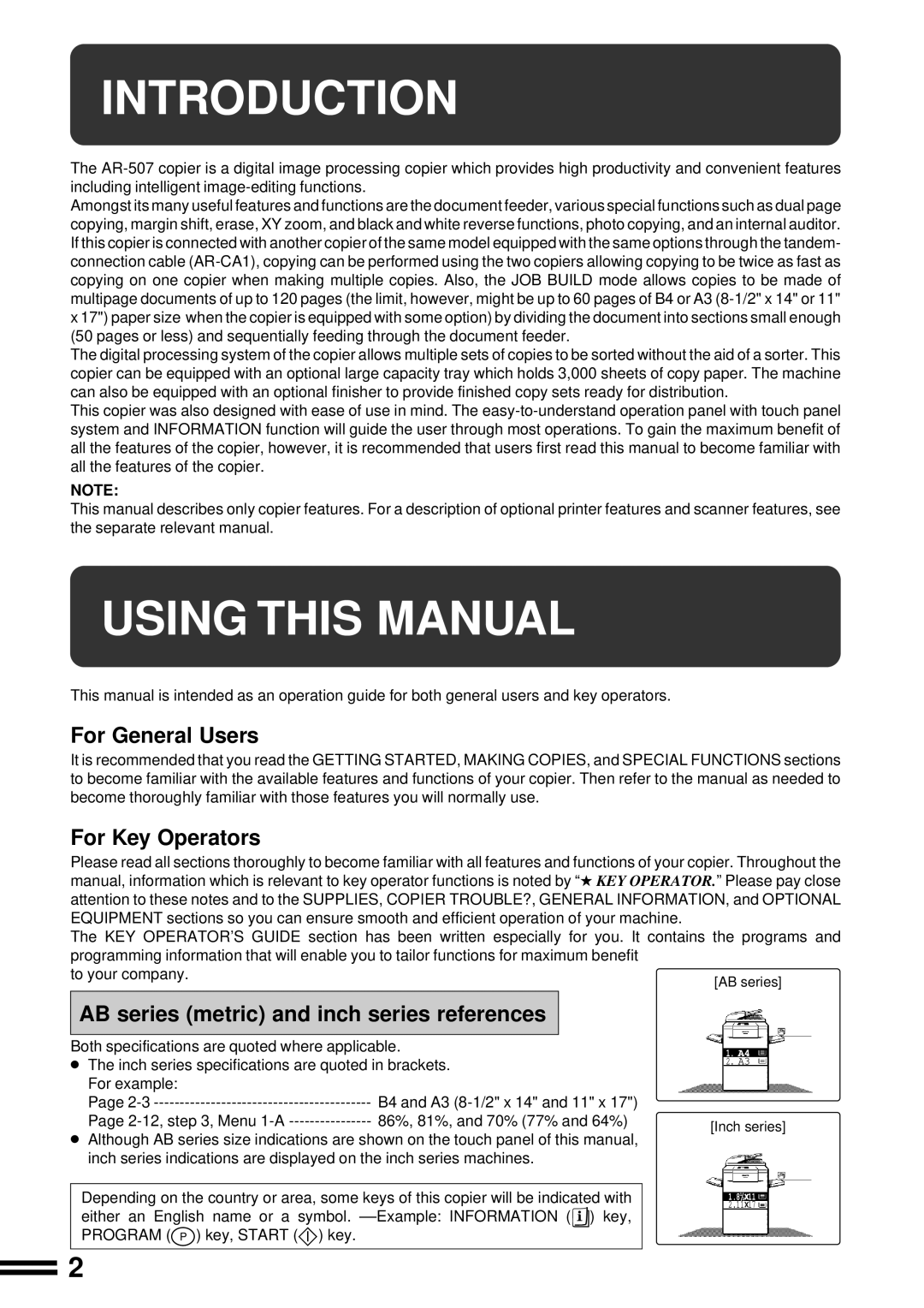 Sharp AR-507 operation manual Introduction, Using this Manual, For General Users, For Key Operators 