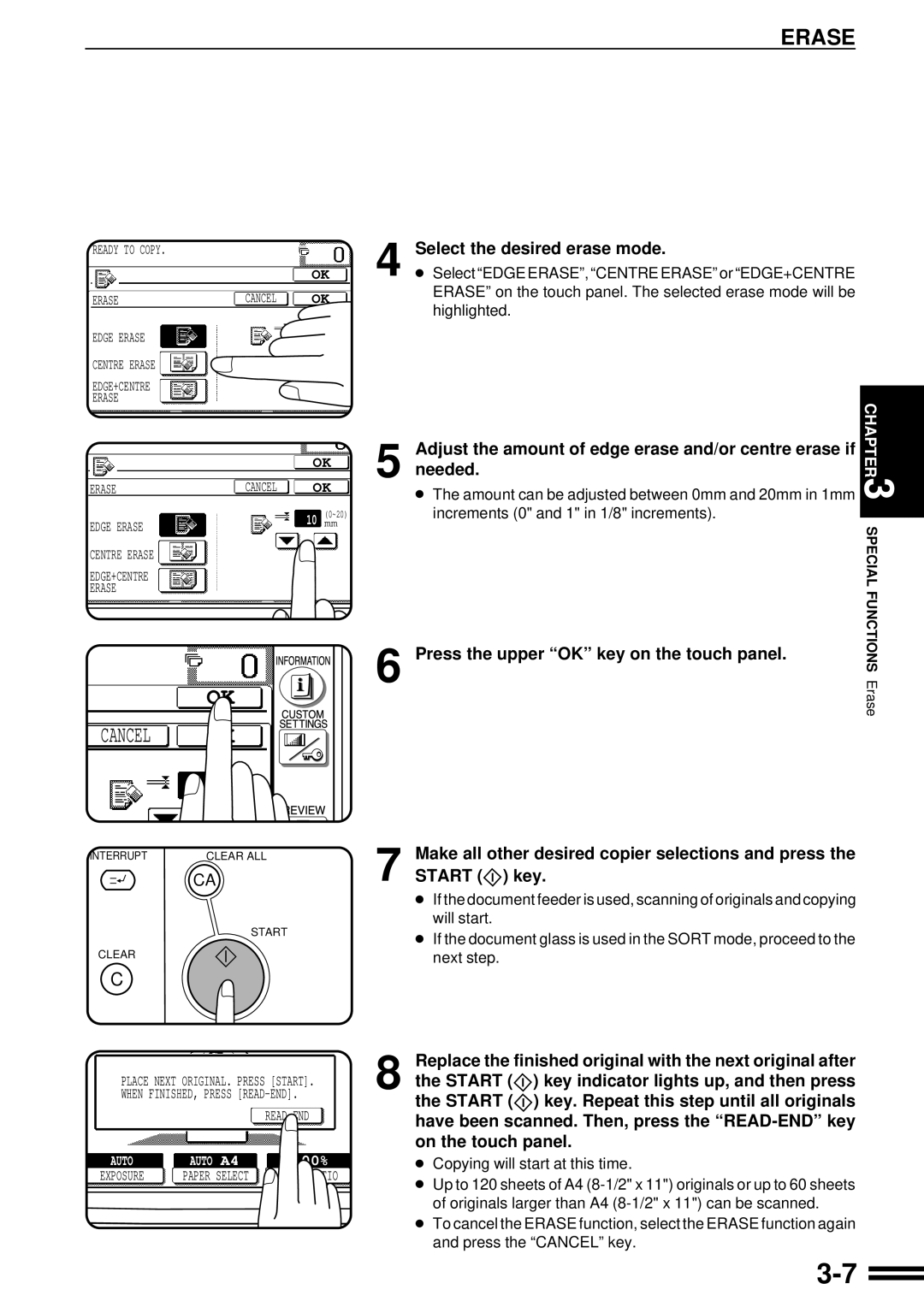 Sharp AR-507 Erase, Select the desired erase mode, Needed, Adjust the amount of edge erase and/or centre erase if 