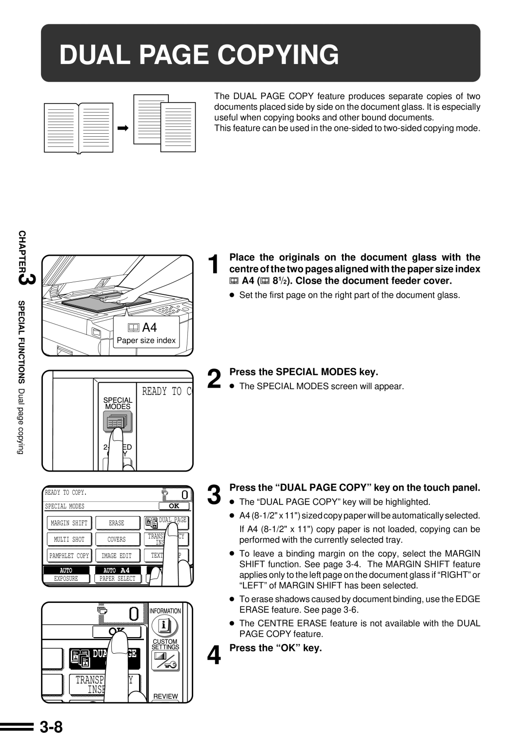 Sharp AR-507 operation manual Dual page Copying, Place the originals on the document glass with 