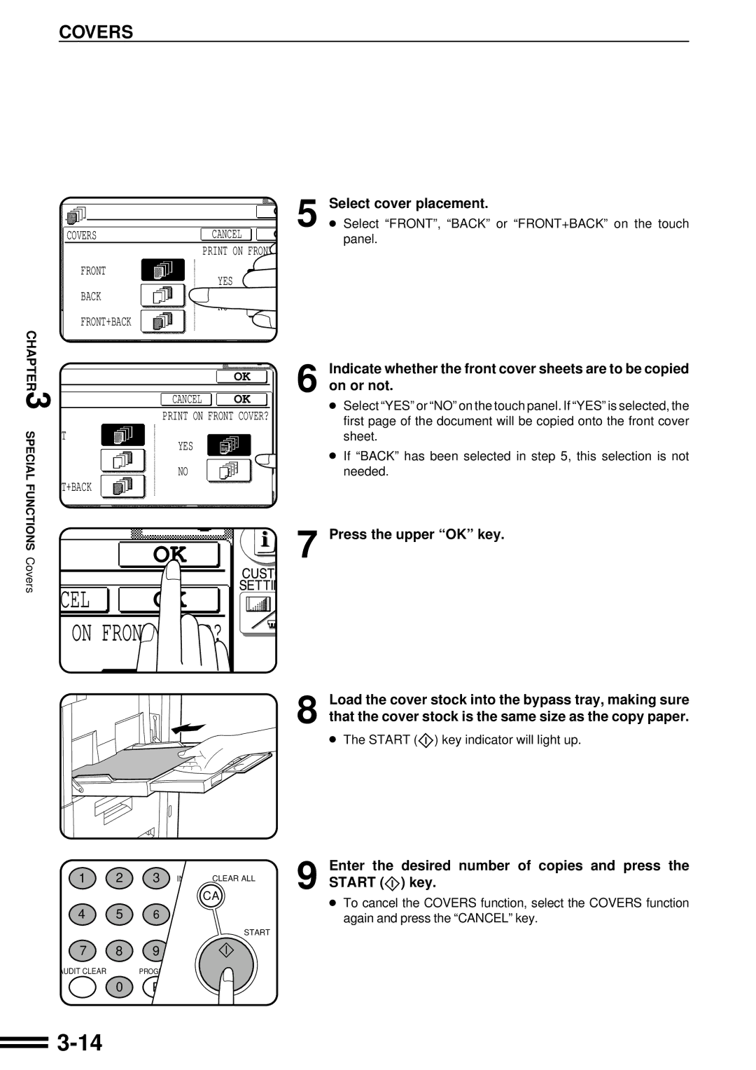 Sharp AR-507 operation manual Covers, Select cover placement, Press the upper OK key 