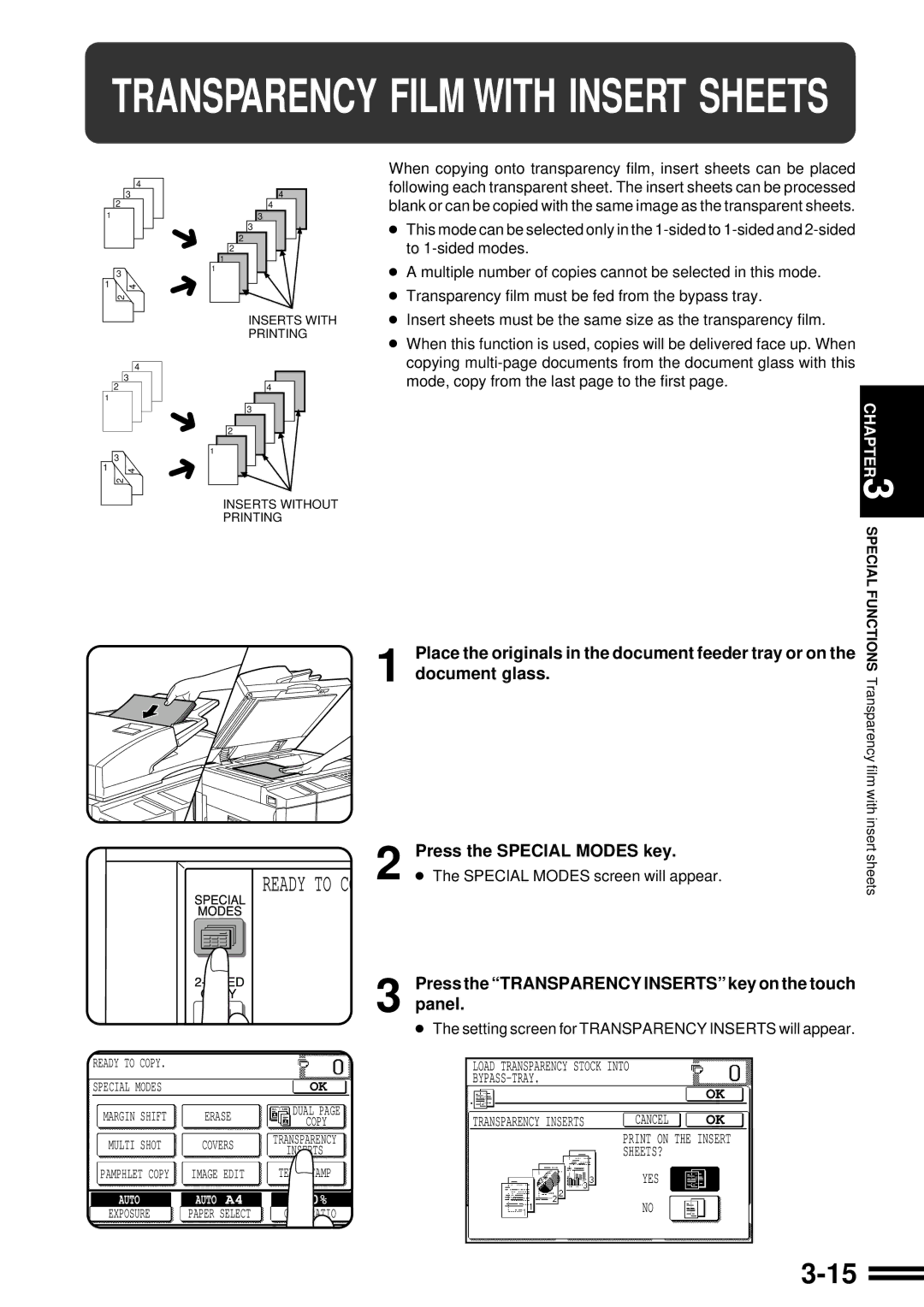 Sharp AR-507 operation manual Transparency Film with Insert Sheets, Press the Transparency Inserts key on the touch panel 