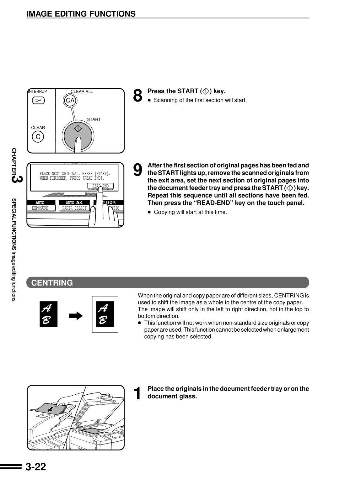 Sharp AR-507 operation manual Centring, After the first section of original pages has been fed 