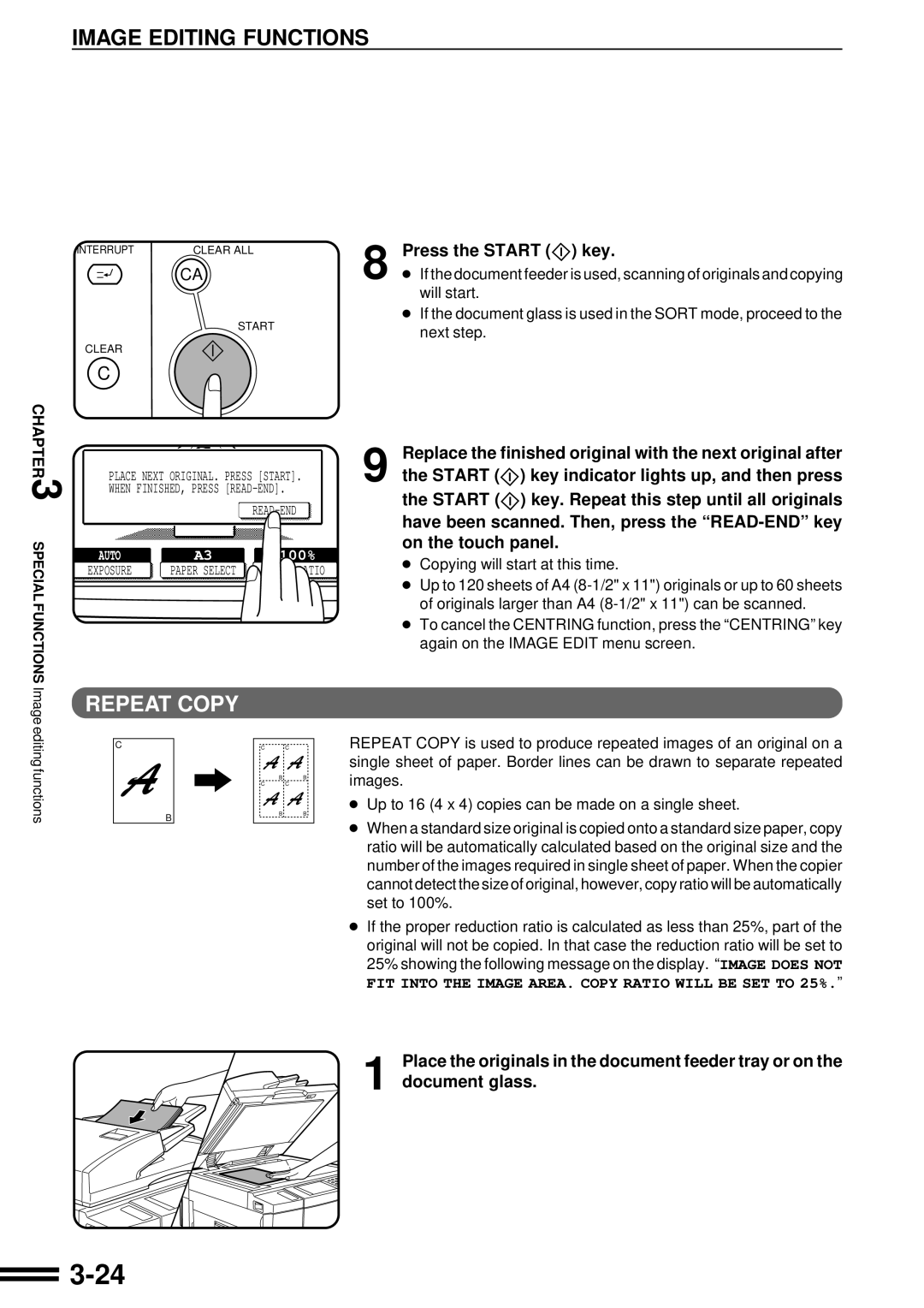 Sharp AR-507 operation manual Replace the finished original with the next original after, On the touch panel 