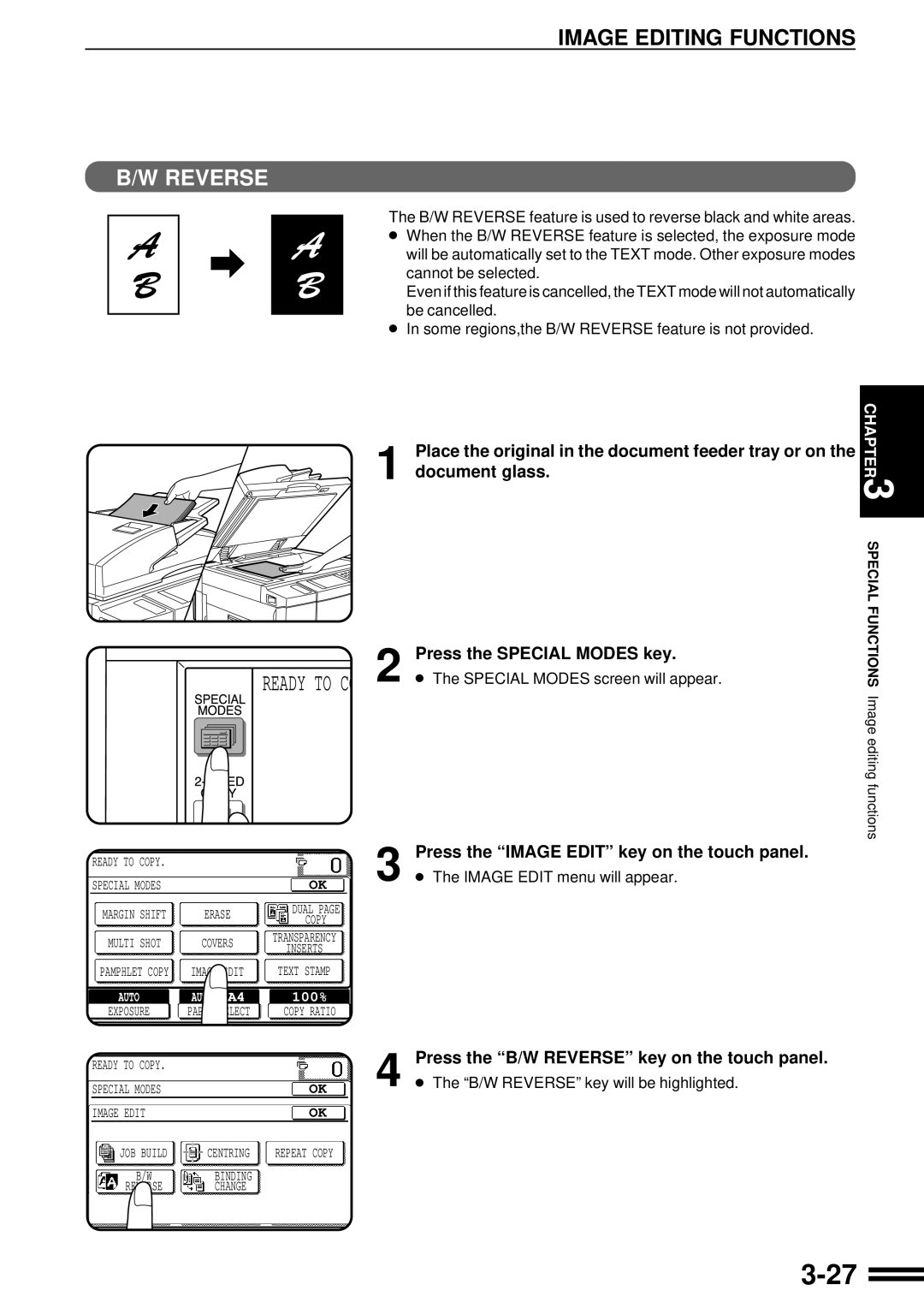 Sharp AR-507 Special Modes screen will appear, Image Edit menu will appear, Press the B/W Reverse key on the touch panel 