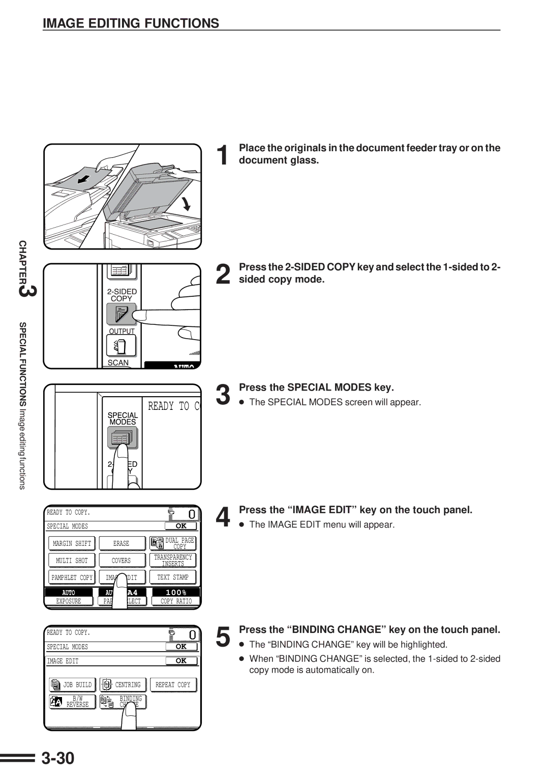 Sharp AR-507 operation manual Press the Binding Change key on the touch panel, Press the Image Edit key on the touch panel 