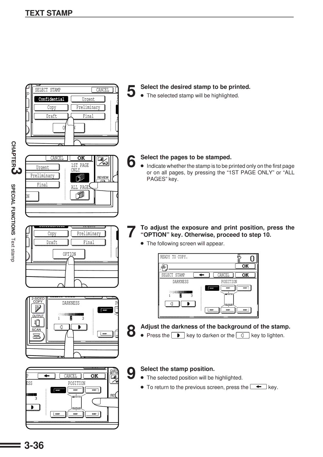 Sharp AR-507 operation manual Adjust the darkness of the background of the stamp, Select the stamp position 