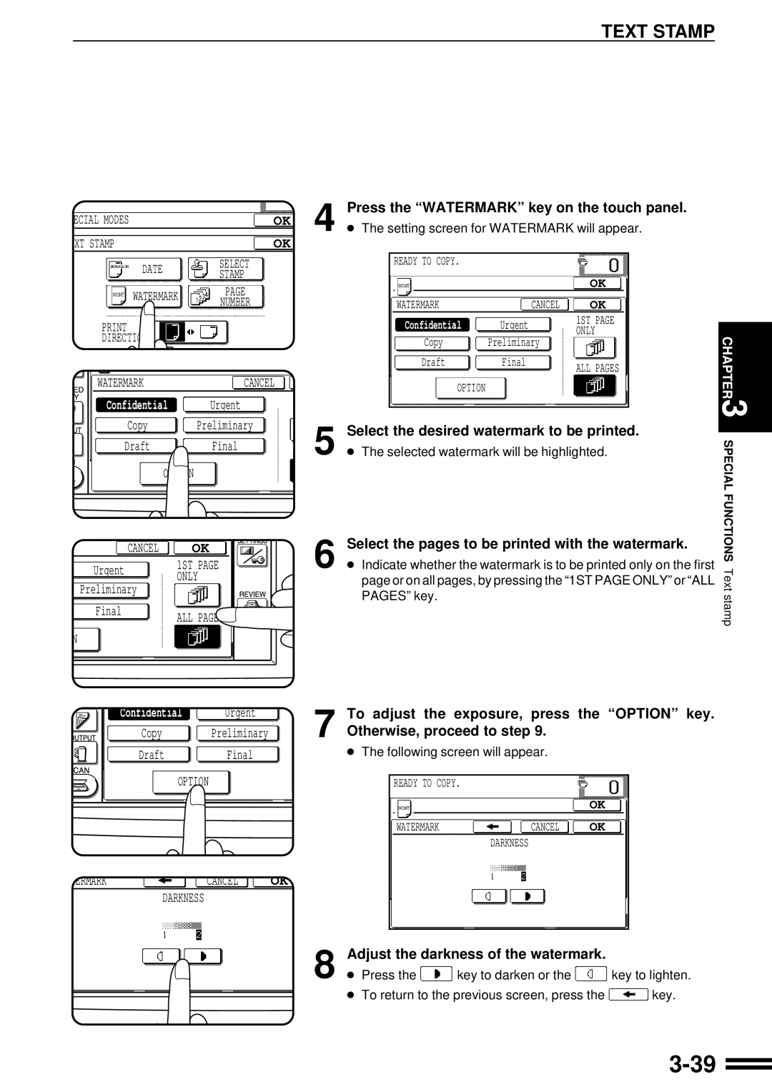 Sharp AR-507 operation manual Press the Watermark key on the touch panel, Select the desired watermark to be printed 