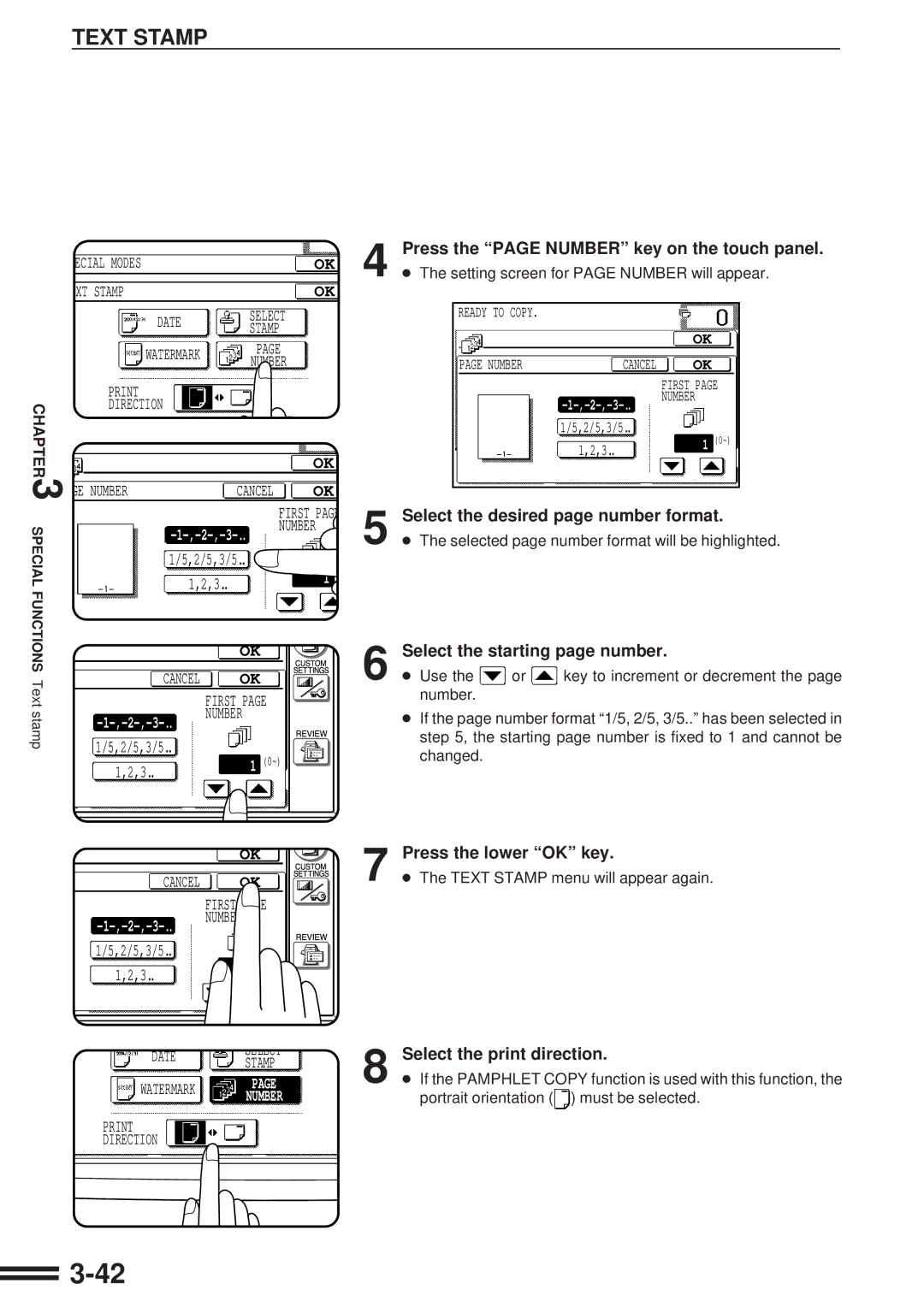 Sharp AR-507 operation manual Press the page Number key on the touch panel, Select the desired page number format 