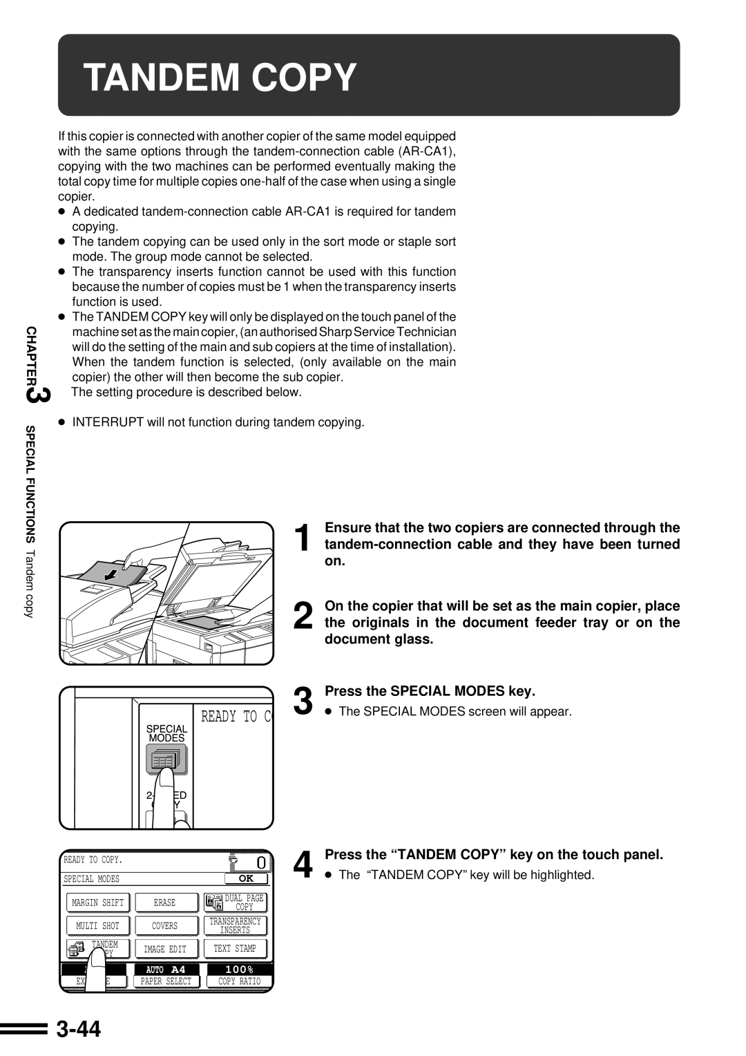 Sharp AR-507 operation manual Press the Tandem Copy key on the touch panel 