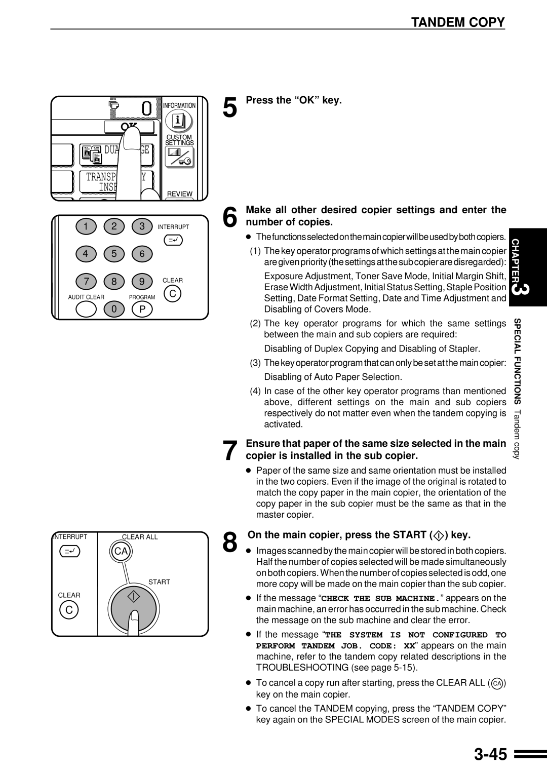 Sharp AR-507 operation manual Tandem Copy, Copier is installed in the sub copier, On the main copier, press the Start key 