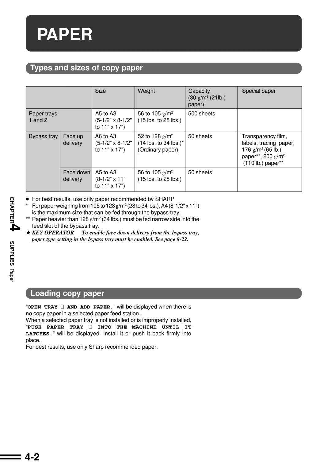 Sharp AR-507 operation manual Paper, Types and sizes of copy paper, Loading copy paper 