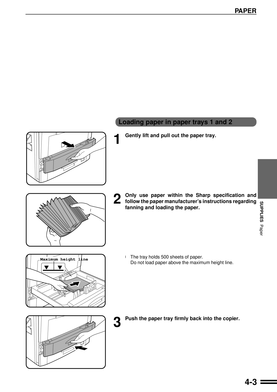 Sharp AR-507 operation manual Paper, Loading paper in paper trays 1, Push the paper tray firmly back into the copier 