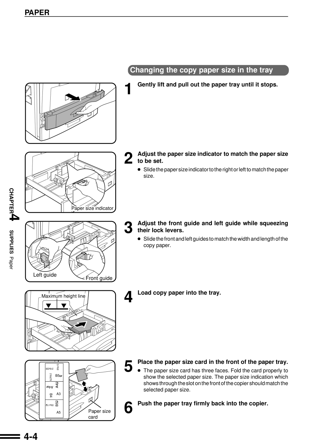 Sharp AR-507 operation manual Changing the copy paper size in the tray, Load copy paper into the tray 