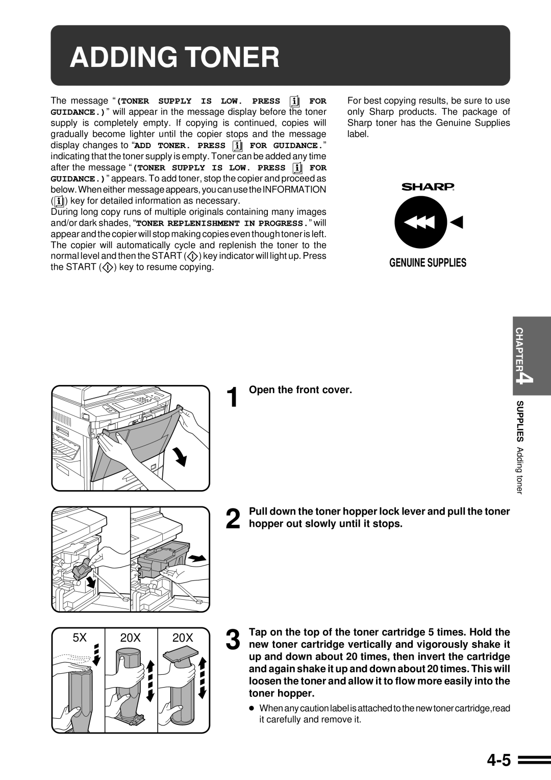 Sharp AR-507 Adding Toner, Open the front cover, New toner cartridge vertically and vigorously shake it, Toner hopper 