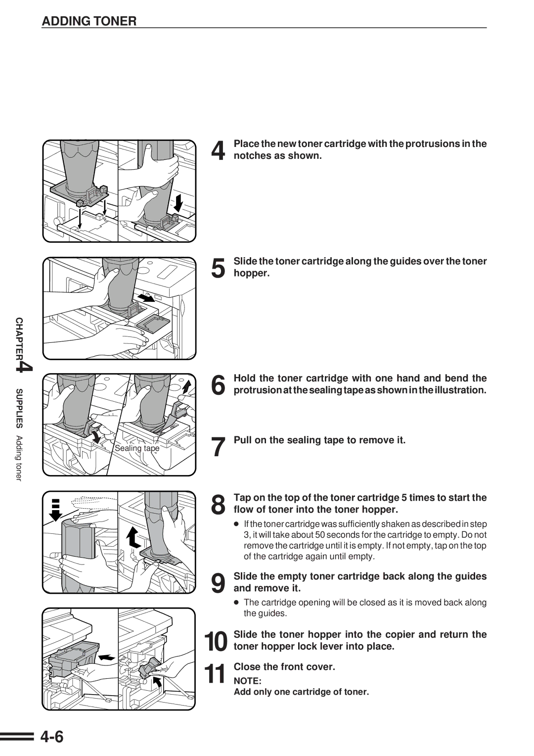 Sharp AR-507 operation manual Adding Toner, Add only one cartridge of toner 