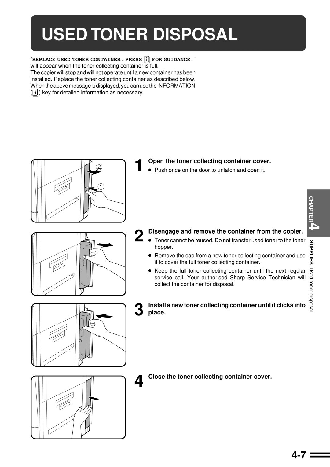 Sharp AR-507 operation manual Used Toner Disposal, Disengage and remove the container from the copier 