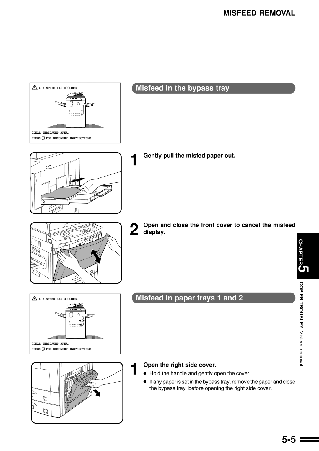 Sharp AR-507 operation manual Misfeed in the bypass tray, Misfeed in paper trays 1, Open the right side cover 