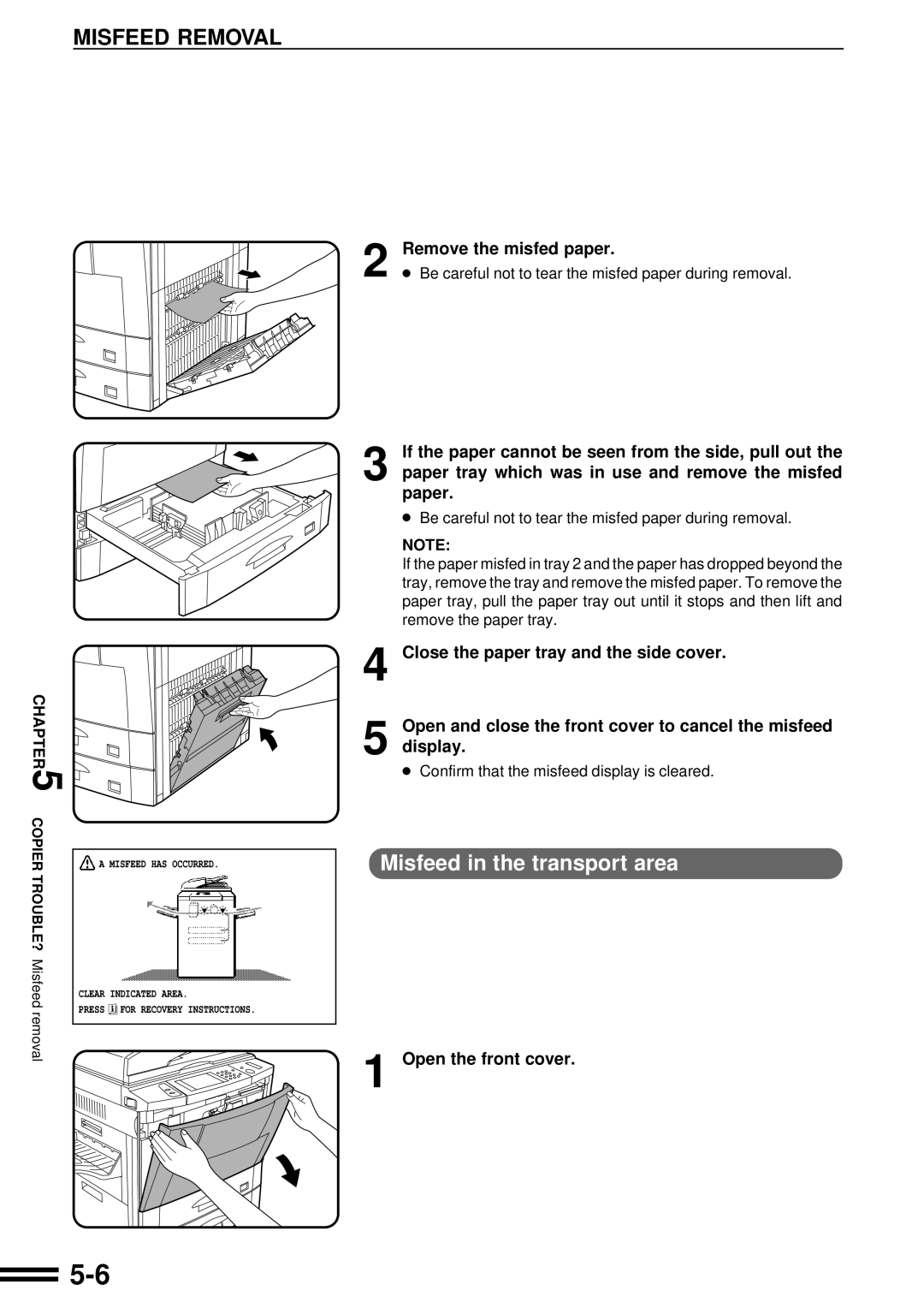 Sharp AR-507 operation manual Misfeed in the transport area, Remove the misfed paper 