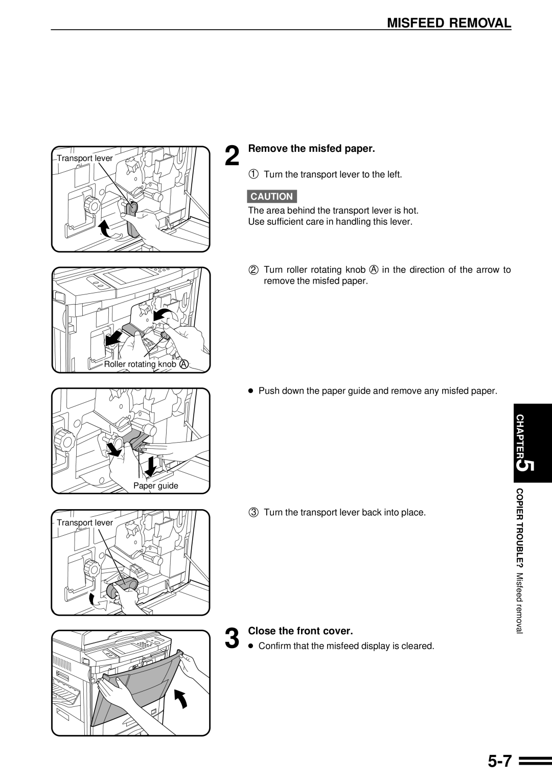 Sharp AR-507 operation manual Transport lever Roller rotating knob a Paper guide 