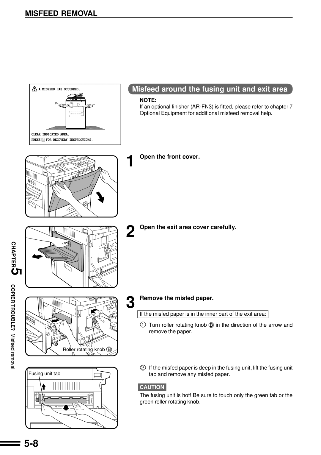 Sharp AR-507 Misfeed around the fusing unit and exit area, Open the exit area cover carefully Remove the misfed paper 