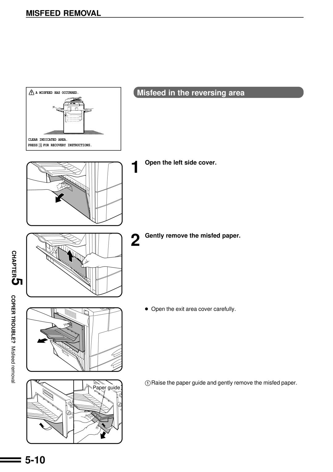 Sharp AR-507 operation manual Misfeed in the reversing area, Open the left side cover Gently remove the misfed paper 