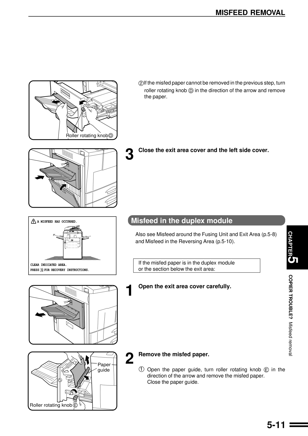 Sharp AR-507 operation manual Misfeed in the duplex module, Close the exit area cover and the left side cover 