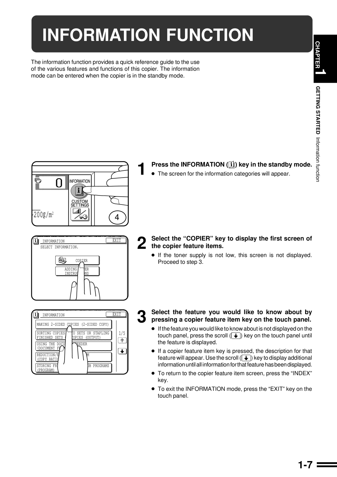 Sharp AR-507 operation manual Information Function, ~200g/m2, Press the INFORMATION key in the standby mode 