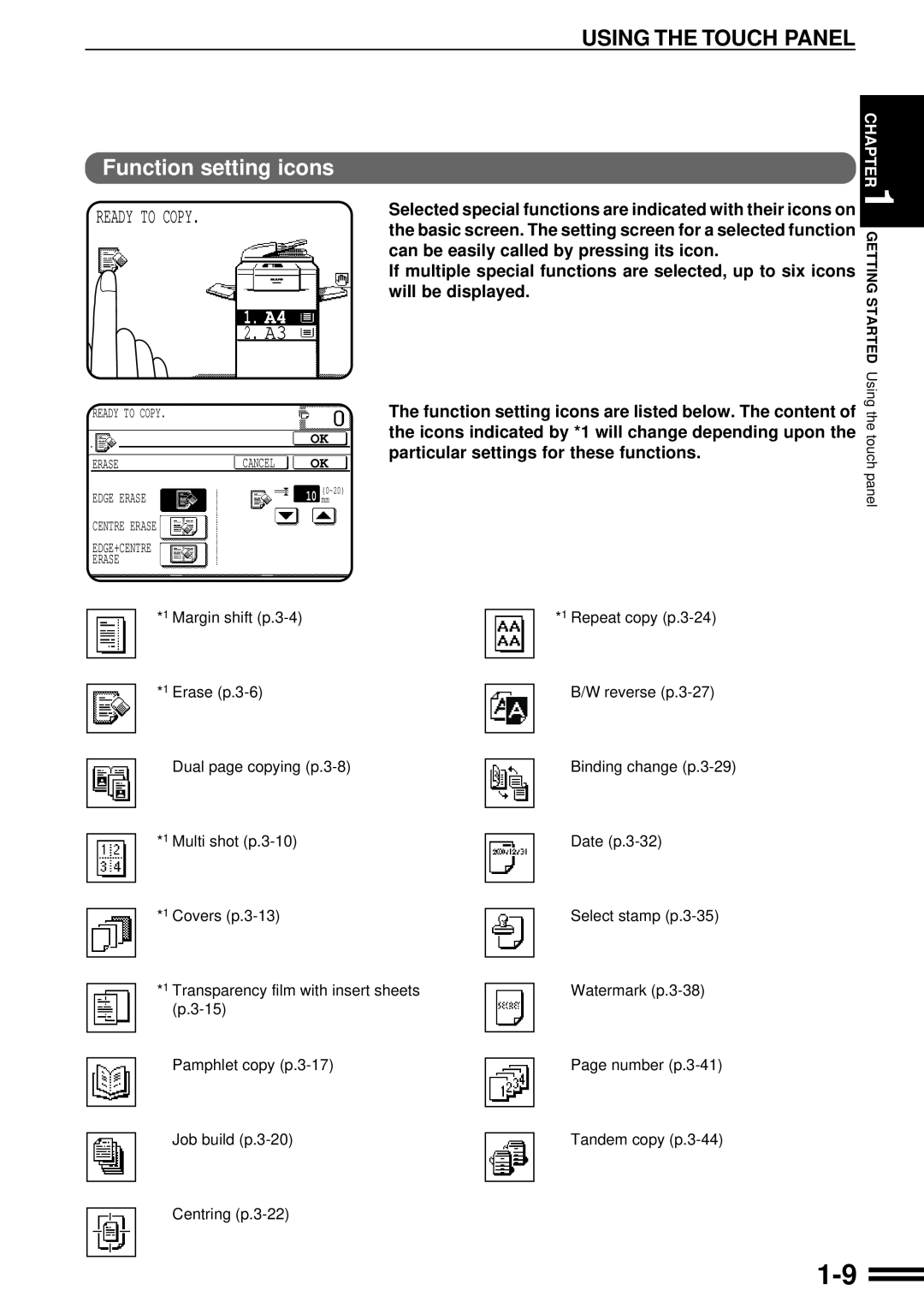 Sharp AR-507 operation manual Function setting icons, Using The Touch Panel, Ready To Copy, 1. A4, 2. A3, will be displayed 