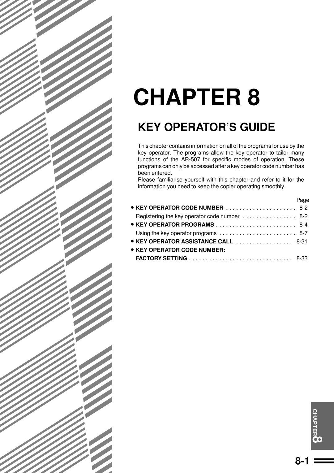 Sharp AR-507 Key Operator’S Guide, Chapter, Key Operator Code Number, Key Operator Programs, Key Operator Assistance Call 