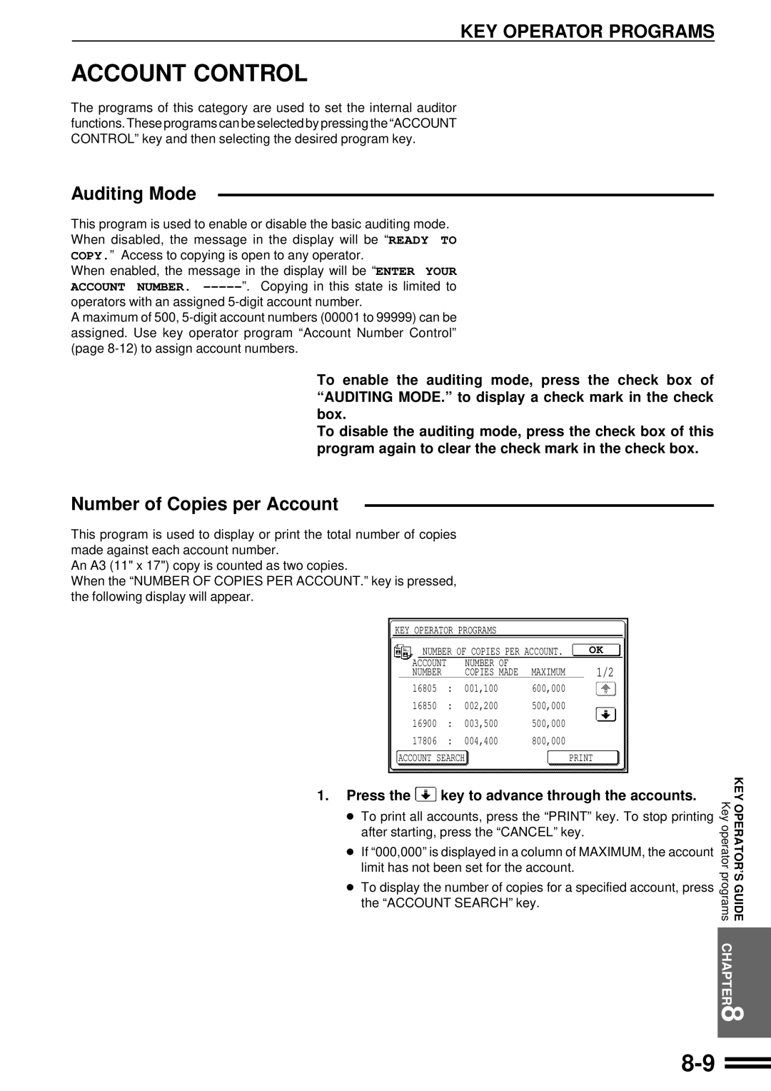 Sharp AR-507 operation manual Account Control, Key Operator Programs, Auditing Mode, Number of Copies per Account 