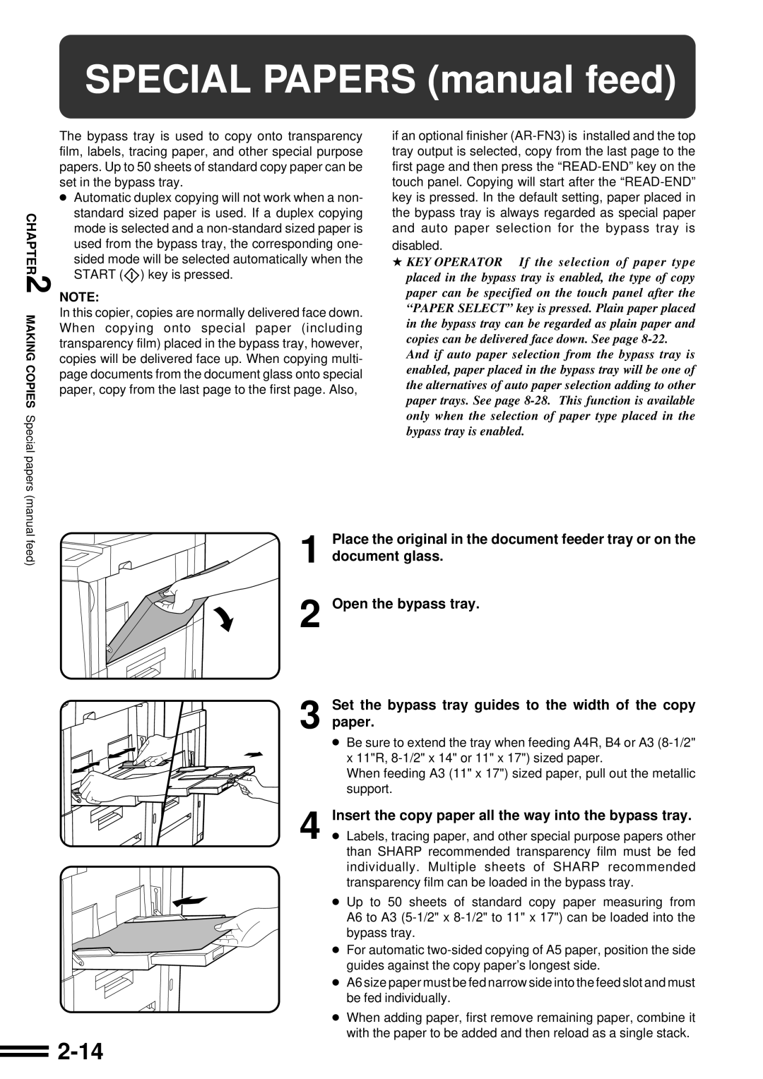Sharp AR-507 operation manual SPECIAL PAPERS manual feed, 2-14, Place the original in the document feeder tray or on the 