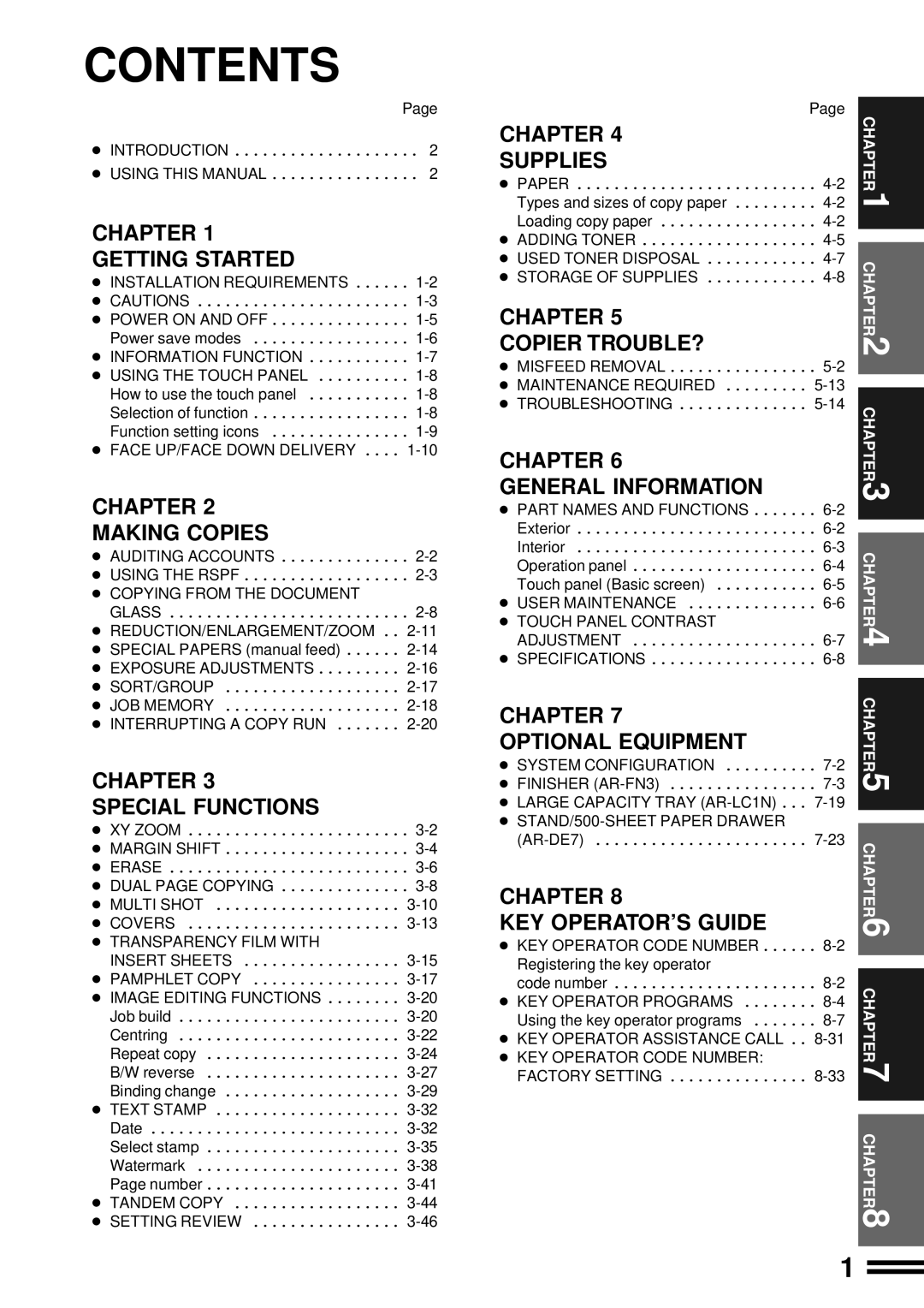 Sharp AR-507 operation manual Contents, Chapter Getting Started, Chapter Making Copies, Chapter Special Functions, Supplies 