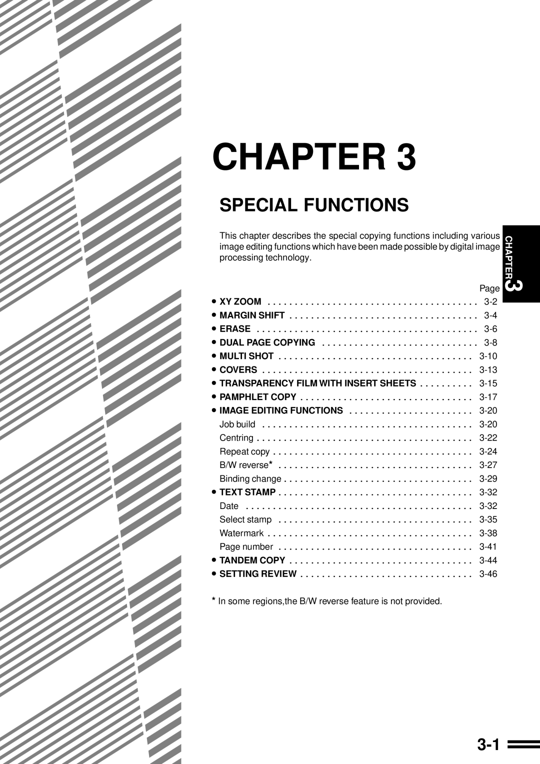 Sharp AR-507 Special Functions, Chapter, Xy Zoom, Margin Shift, Erase, Dual Page Copying, Multi Shot, Covers, Repeat copy 