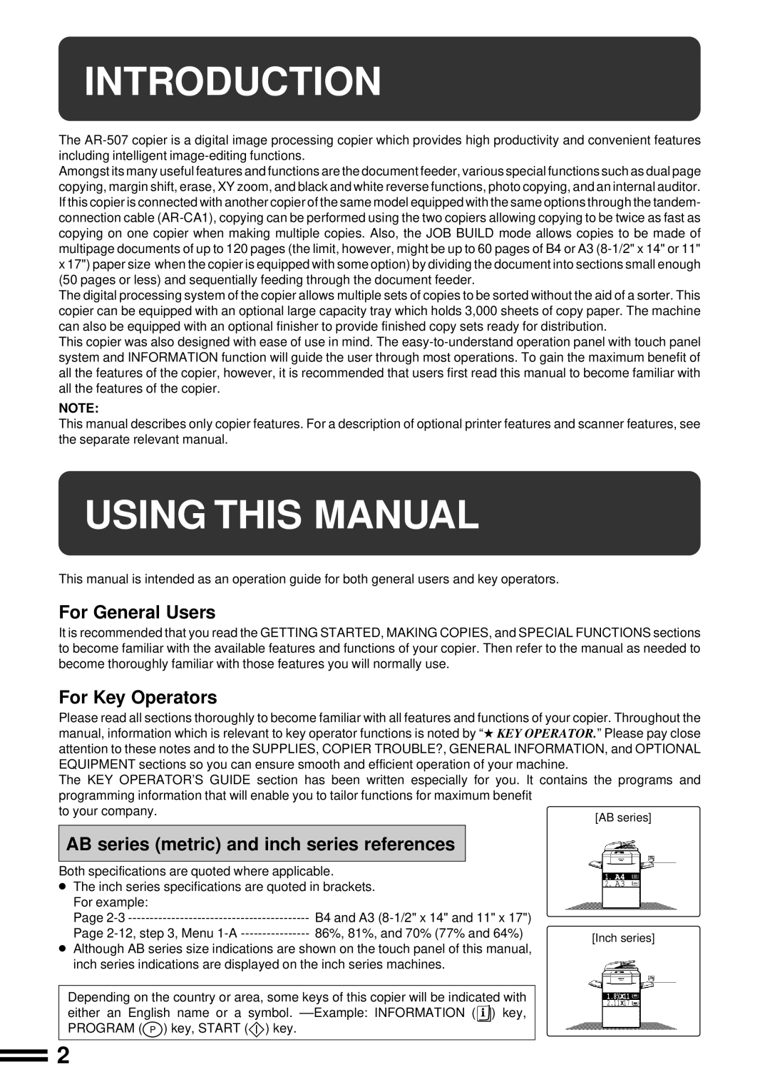 Sharp AR-507 operation manual Introduction, Using This Manual, For General Users, For Key Operators 