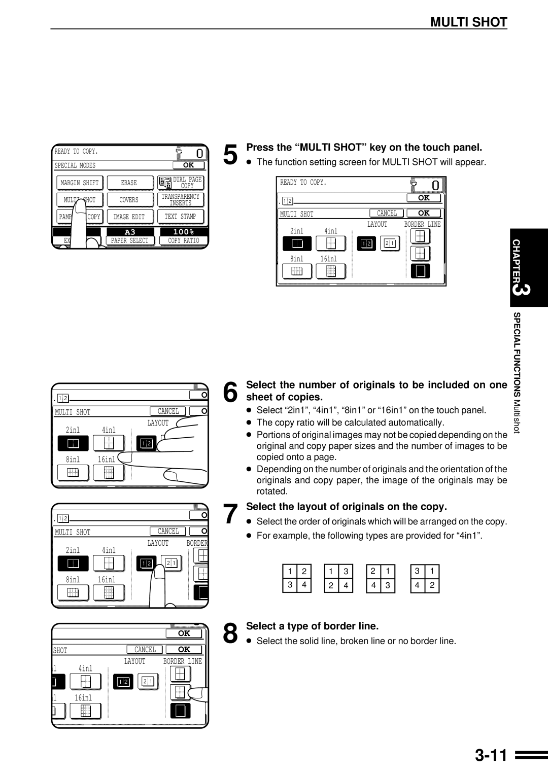 Sharp AR-507 operation manual 3-11, Multi Shot, Press the “MULTI SHOT” key on the touch panel, sheet of copies 