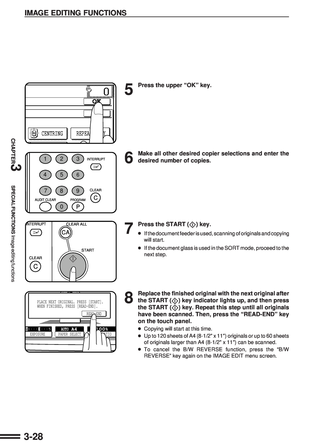 Sharp AR-507 operation manual 3-28, Image Editing Functions, Ok Ok, Centring, Press the upper “OK” key, Press the START key 