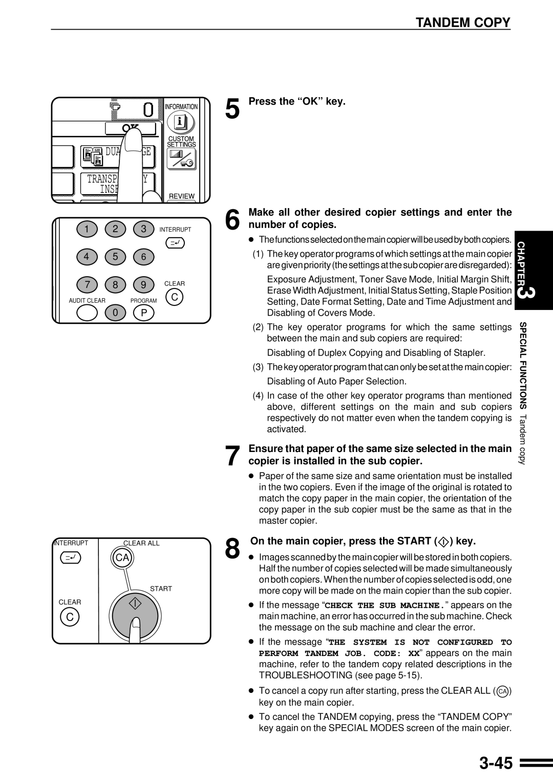 Sharp AR-507 operation manual 3-45, Dual Page Copy Transparency Inserts, Tandem Copy, Press the “OK” key, number of copies 