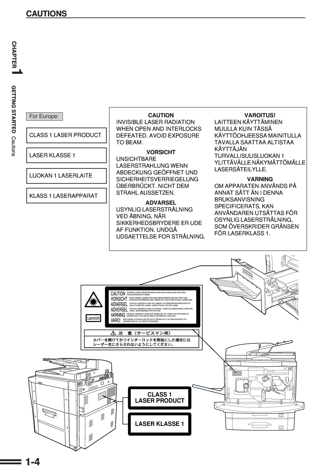 Sharp AR-507 operation manual Cautions, Class Laser Product Laser Klasse, Varoitus, Vorsicht, Varning, Advarsel 