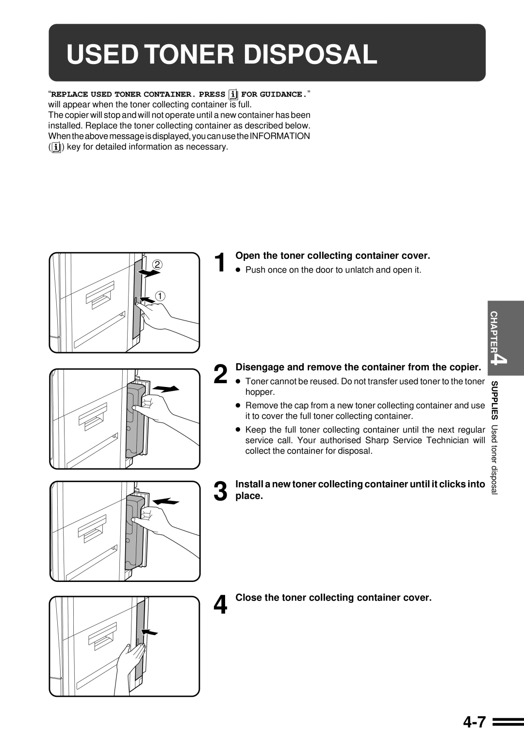 Sharp AR-507 operation manual Used Toner Disposal, Disengage and remove the container from the copier, place 