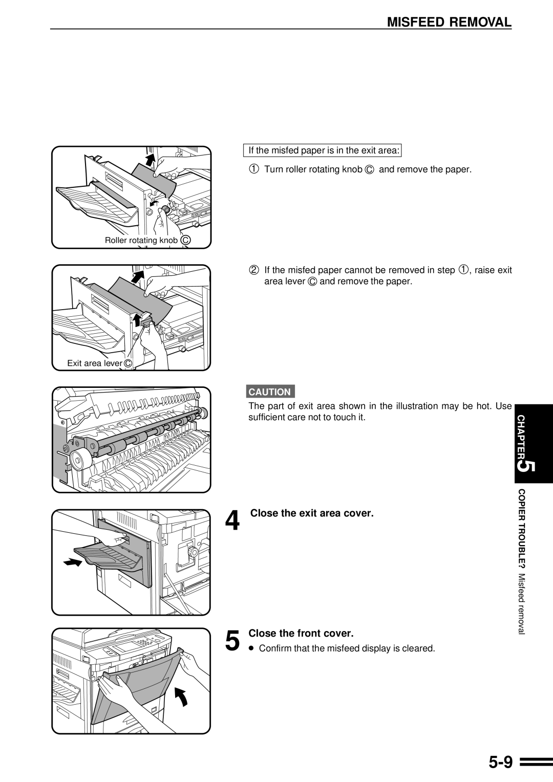 Sharp AR-507 operation manual Misfeed Removal, Close the exit area cover Close the front cover 