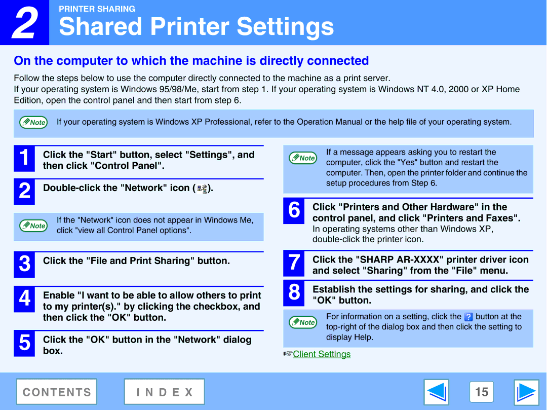 Sharp AR-5320E, AR-5316E manual Shared Printer Settings, On the computer to which the machine is directly connected 