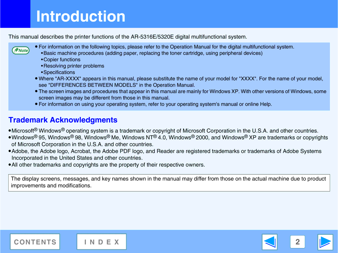 Sharp AR-5316E, AR-5320E manual Introduction, Trademark Acknowledgments 