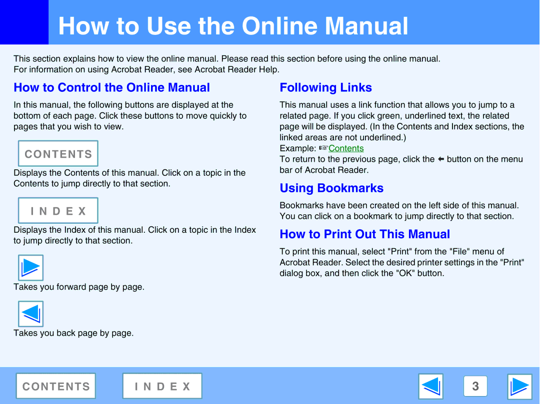 Sharp AR-5320E, AR-5316E How to Use the Online Manual, How to Control the Online Manual, Following Links, Using Bookmarks 