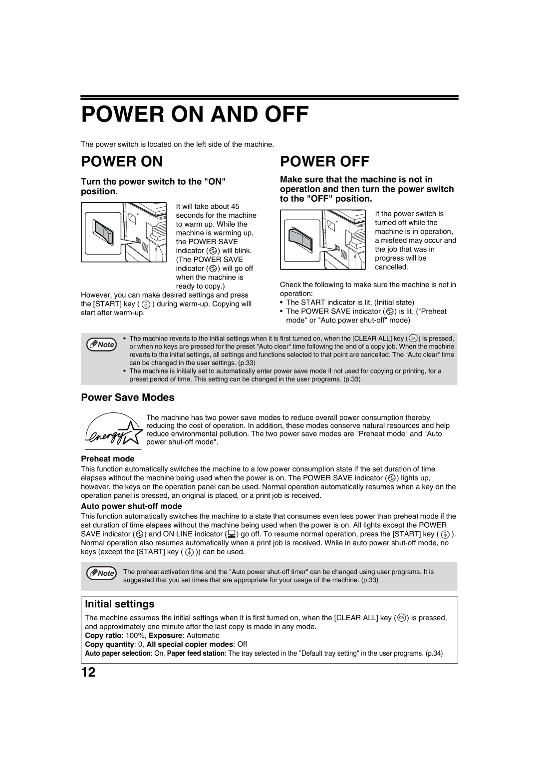 Sharp AR-5316 X, AR-5320 X operation manual Power on and OFF, Power OFF, Power Save Modes, Initial settings 