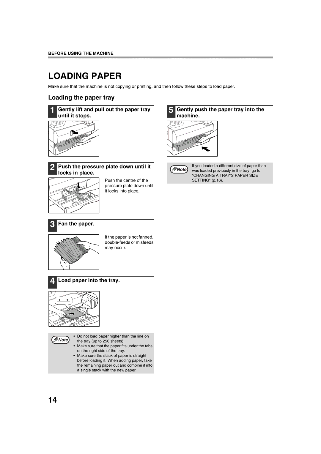 Sharp AR-5320 X, AR-5316 X Loading Paper, Loading the paper tray, Locks in place, Fan the paper, Load paper into the tray 