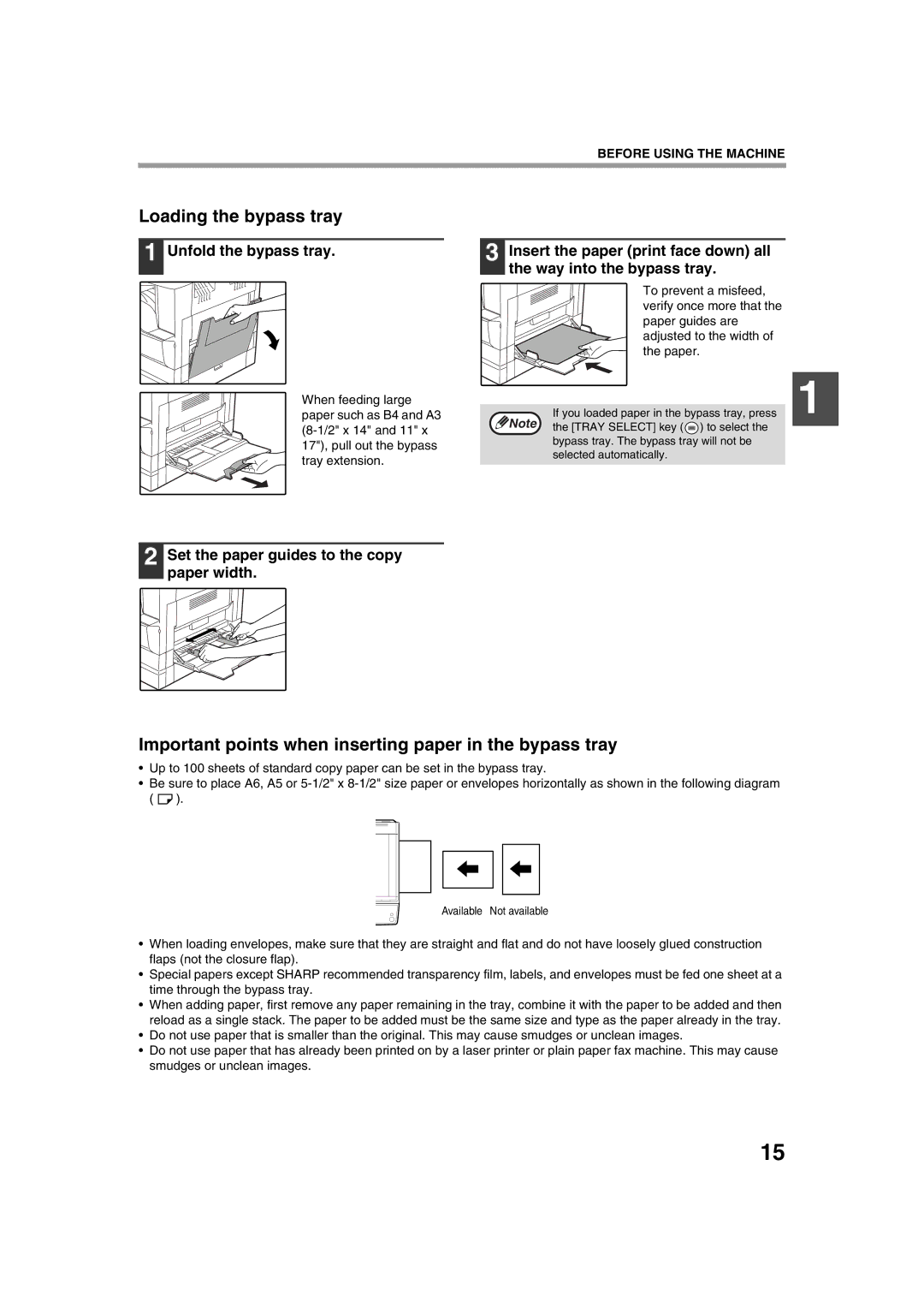 Sharp AR-5320 X, AR-5316 X Loading the bypass tray, Important points when inserting paper in the bypass tray 