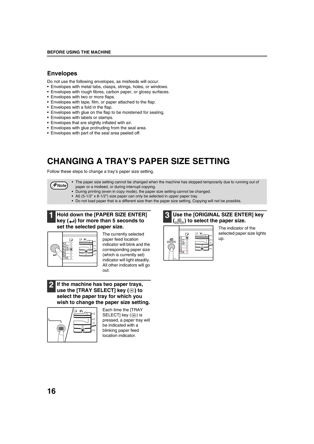 Sharp AR-5316 X, AR-5320 X operation manual Changing a TRAY’S Paper Size Setting, Envelopes 