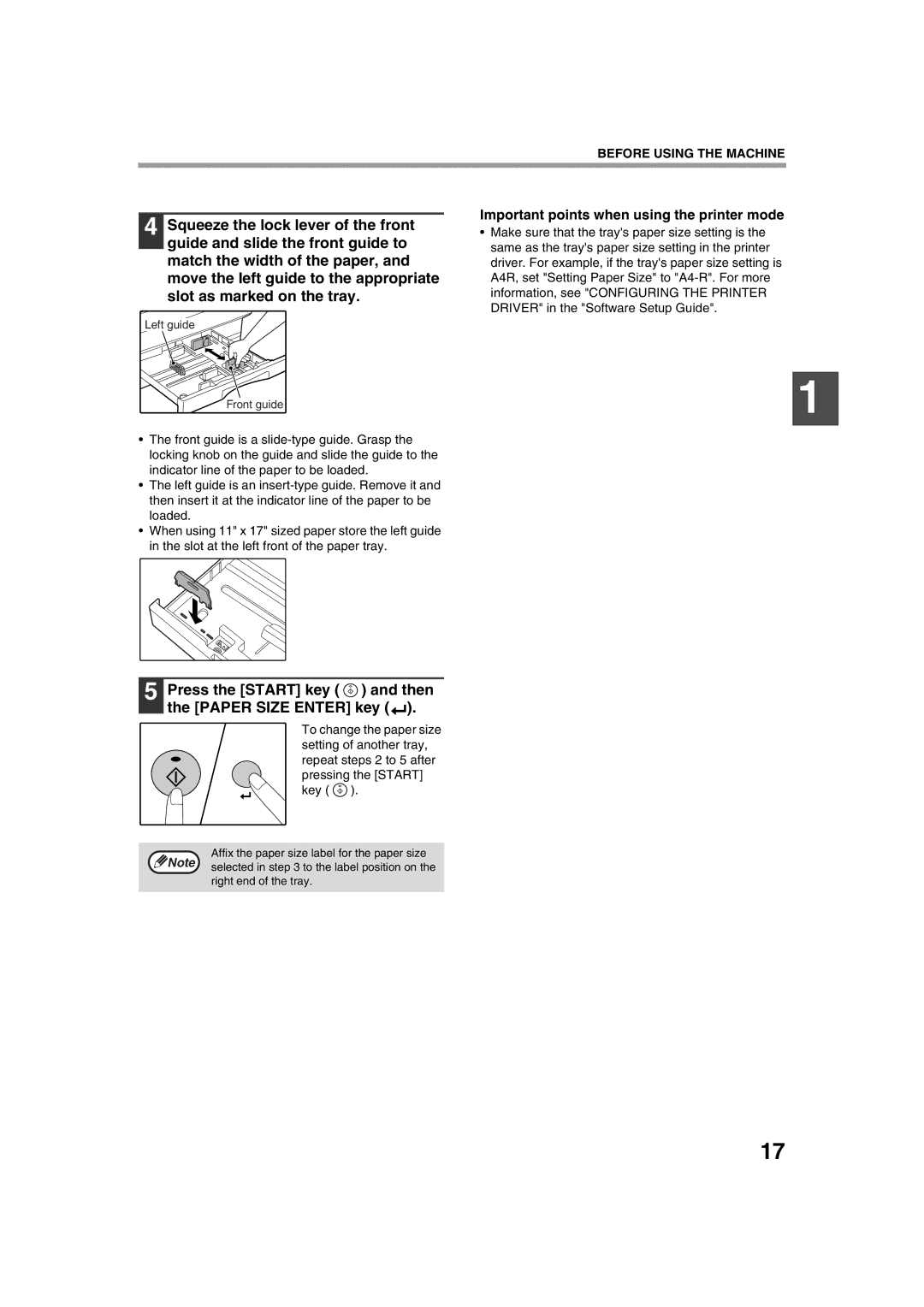 Sharp AR-5316, AR-5320 Press the Start key and then the Paper Size Enter key, Important points when using the printer mode 