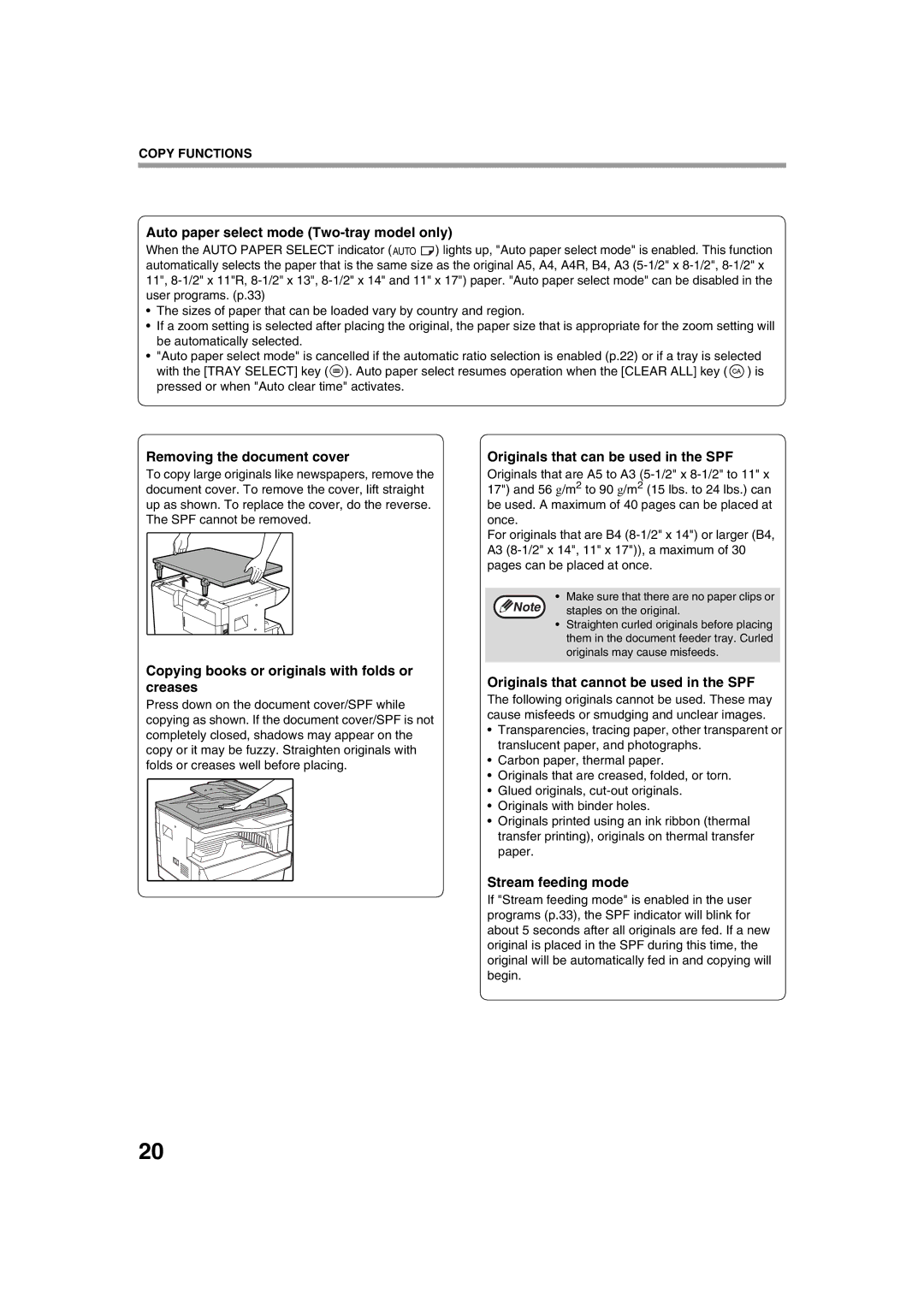 Sharp AR-5316 X, AR-5320 X Auto paper select mode Two-tray model only, Removing the document cover, Stream feeding mode 